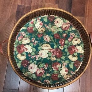 Vintage Tiki Wicker Bamboo Fabric covered Tray 17”